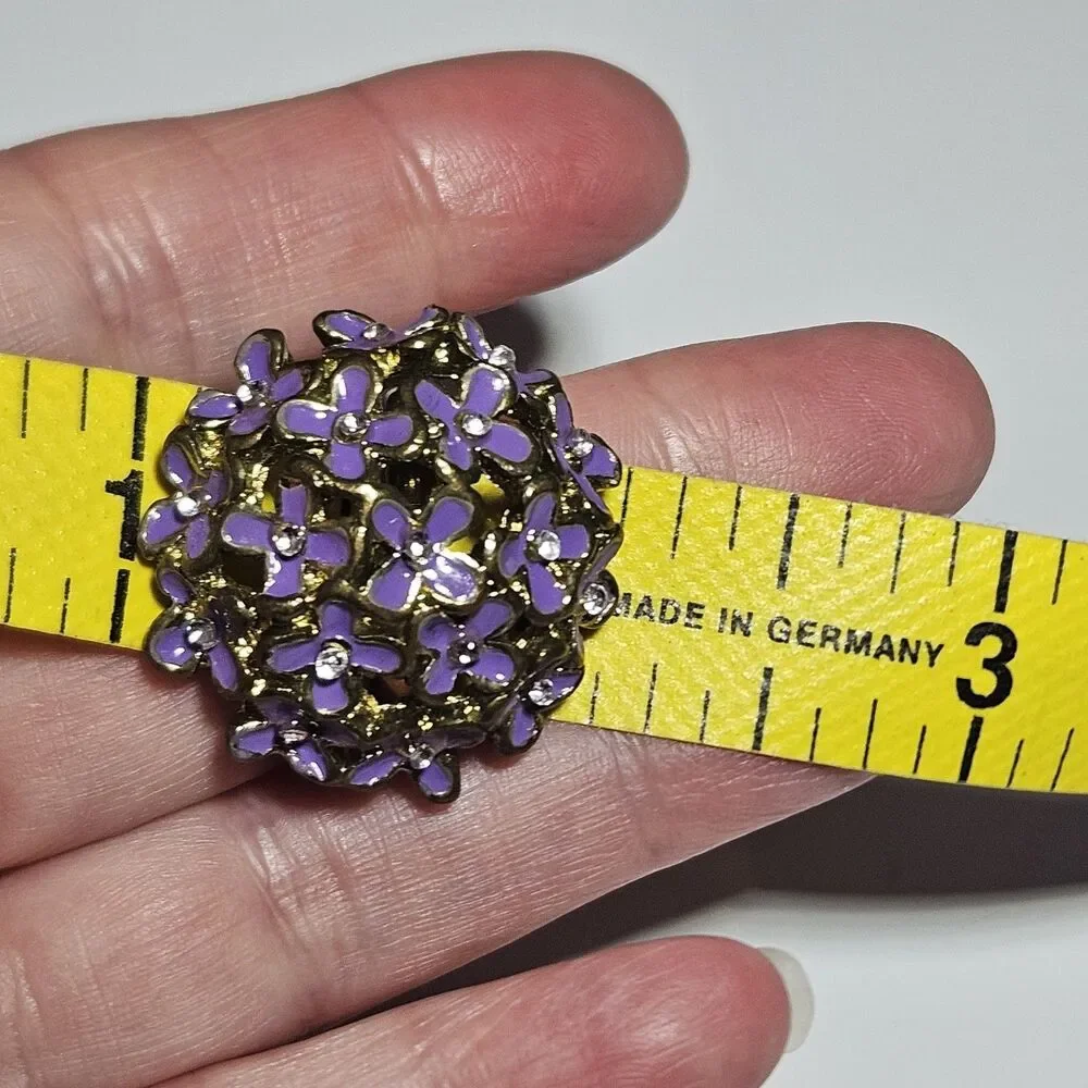 Gold Tone Purple Enamel Flower Ring With Clear Rhinestone Accents Adjustable